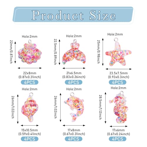 Crafans 24Pcs Marine Organism Charm Transparent Fish Tail Sea Horse Starfish Resin Dangle Charms Pink Inner Mermaid Shell Summer Charms for DIY Necklace Jewelry Making - Image 4