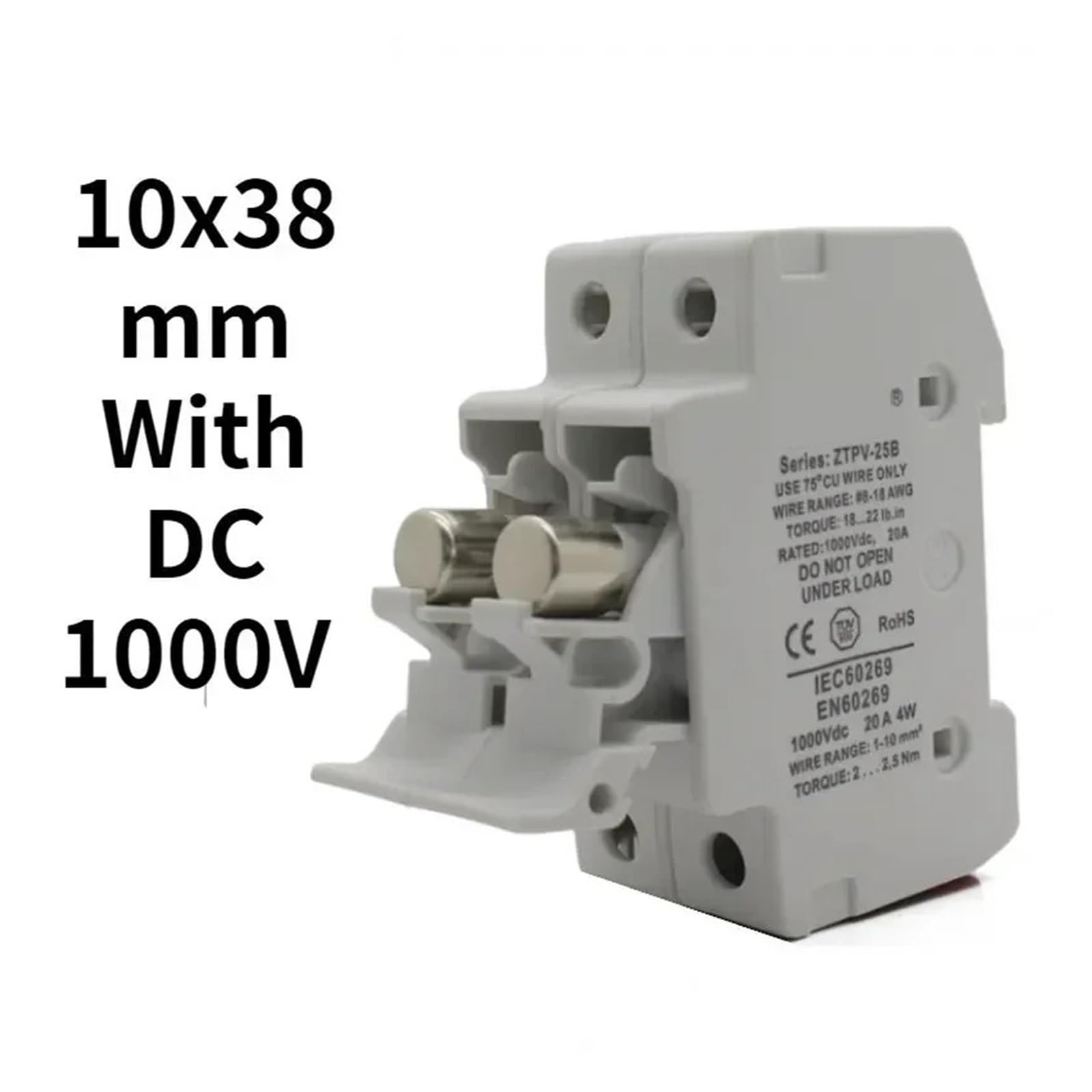 Zestaw 100 uchwytów bezpieczników równoległych DC 2-biegunowy i 1000 V, 10 x 38 mm + A - 32 A, do PV(50 zestaw 2 A)
