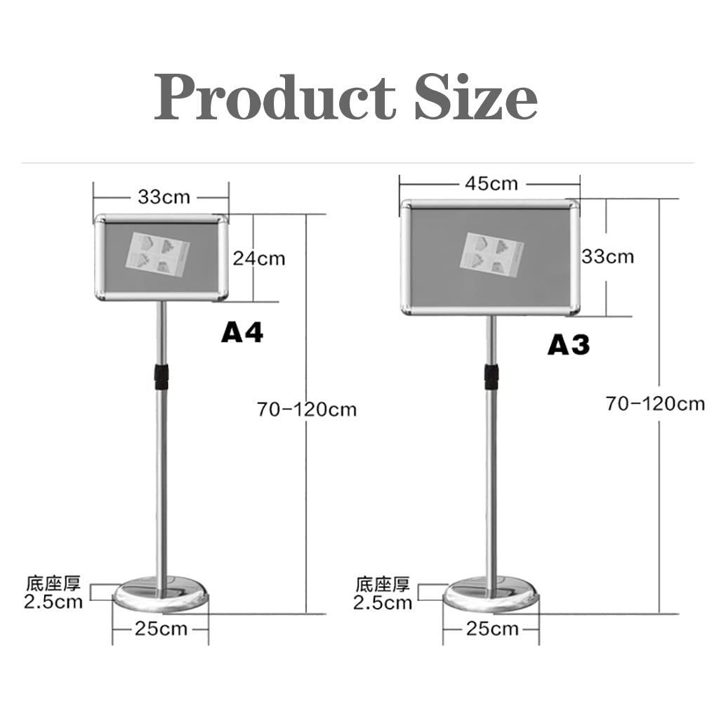 Soporte de Pedestal Ajustable para letreros A4 - Marco de Aluminio Plateado Resistente con Apertura a presión, Ideal para Carteles, menús y exhibidores - Expositor de pie