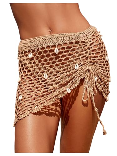 WDIRARA Women's Hollow Out Crochet Beach Cover Up Skirt Drawstring Front Coverups