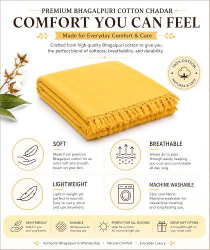 Image of HAIDER ALI AND SONS Bhagalpuri Cotton Chadar for Single Bed | Soft Lightweight Summer AC Chadar | Handloom Cotton Top Sheet | Multipurpose Odhne Wali Chadar | Machine Washable | 245 x 130 cm | Yellow