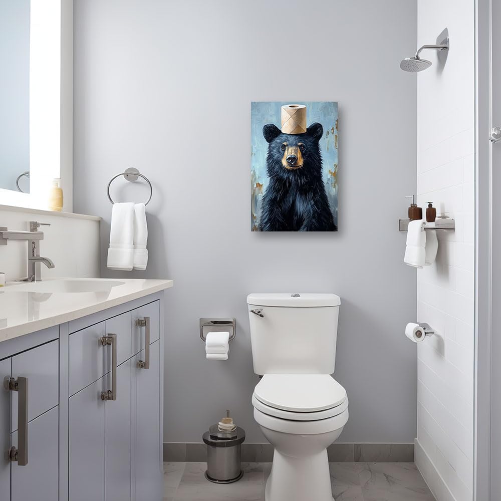 CCWACPP Bathroom Bear Wall Art Funny Bathroom Pictures Black Bear with Paper Print Bathroom Animal Canvas Restroom Toilet Decor Framed (16.00" x 24.00")
