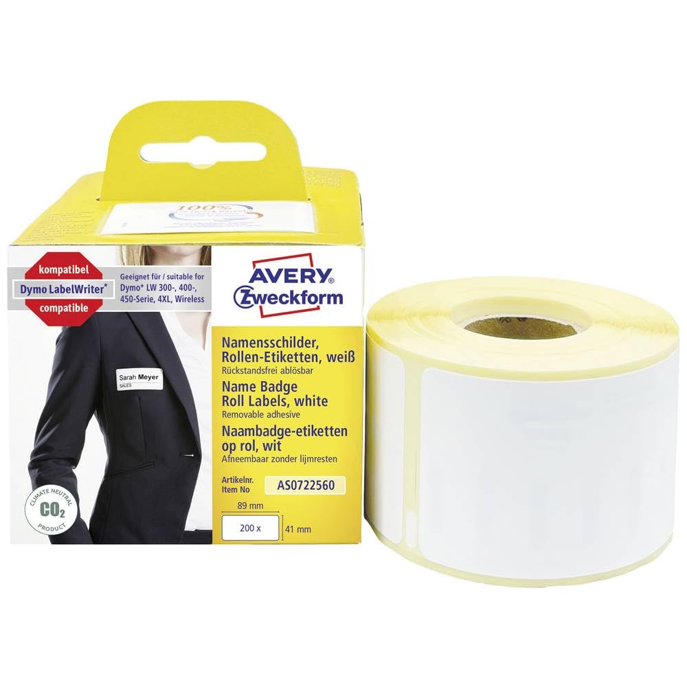 AVERY Zweckform AS0722560 Dymo LabelWriter Namensetiketten kompatibel zu S0722560 (41x89mm, 1 Rolle|200 Namensaufkleber, selbstklebend, für LW Dymo Etikettendrucker/Beschriftungsgerät/Etikettenband)