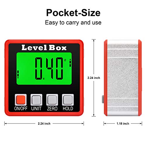 Digital Angle Finder, JUEMEL Magnetic Angle Gauge Electronic Level Box, Backlight LCD Angle Measure Tools, Mini Inclinometer Protractor for Woodworking