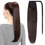 TESS Ponytail Extension Echthaar 40 cm Lang 80g Glatt Gewickelt Pferdeschwanz Haarteil Echthaar Wrap around für Frauen (40 cm-#2Dunkelbraun)