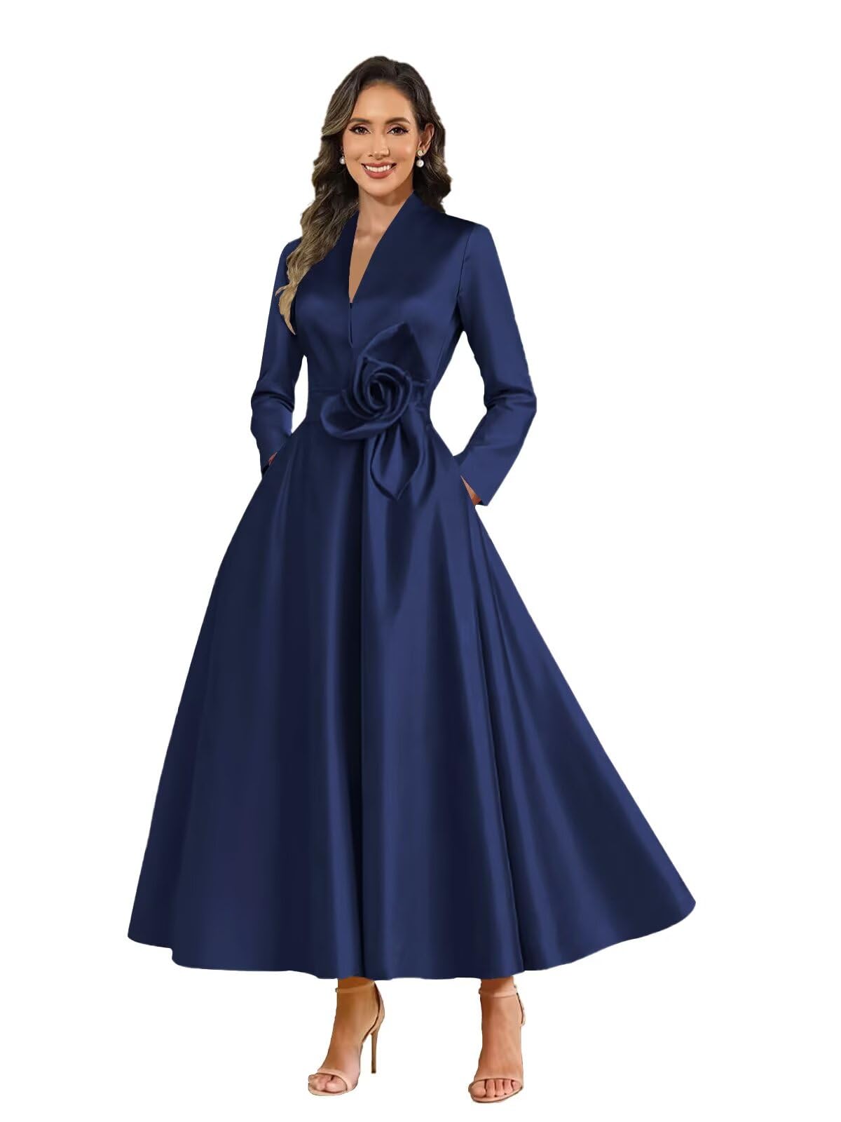 Tea Length Mother of The Bride Dress for Women Long Sleeve Floral Satin Formal Wedding Guest Dress with