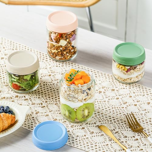 Image of DRKIO 10&16 Oz Glass Overnight Oats Containers with Lids Chia Pudding Jars | 6 Pack Mason Jars, Wide-Mouth, Leak-proof, Stackable, Ideal for Store and Meal Prep Yogurt, Cereals, Snack, Spice, Sugar