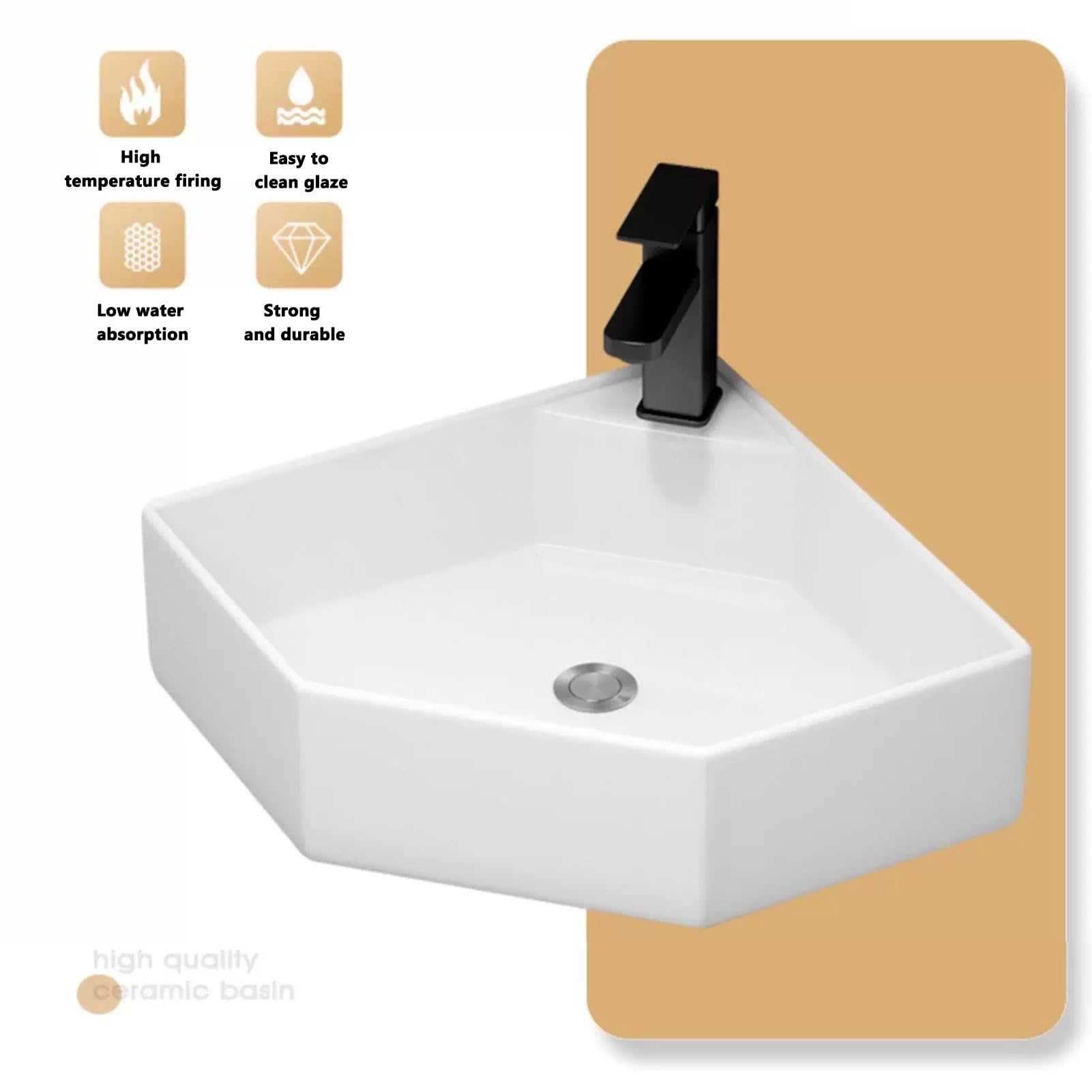 Narożna Umywalka Łazienkowa, Umywalka Nablatowa, Ścienna Umywalka Łazienkowa, Wisząca Wisząca Umywalka Porcelanowa Ceramiczna, Do Kuchni Domowej(Natural,45cm/18in)