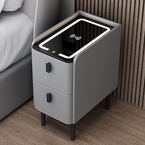 Moderna mesita de noche con estación de carga y puertos USB, 2 cajones, mesa auxiliar delgada para sala de estar o dormitorio, diseño compacto (13.7 pulgadas), muebles elegantes y funcionales