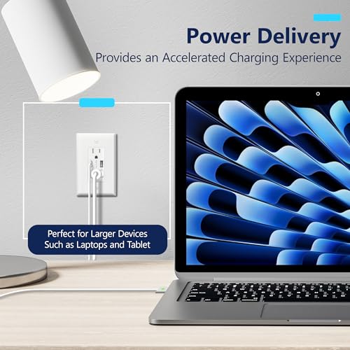 LIDER USB-C 36W Power Delivery Wall Outlet, 15A Tamper-Resistant Receptacle with Type-A & Type-C USB Ports, Interchangeable Face Cover, Wall Plate Included, UL Listed, Thermoplastic, Matte White by LIDER - Image 4