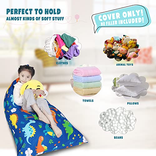Lolomlo Stuffed Animal Storage Bean Bag Chair Cover, Cotton Blue Dinosaur Plush Toy Storage Stuff And Sit Seat For Kids/Teens/Adults, 52" X 31" Extra Large Triangle Floor Sofa, 200L/52Gal, Cover Only #TOP2