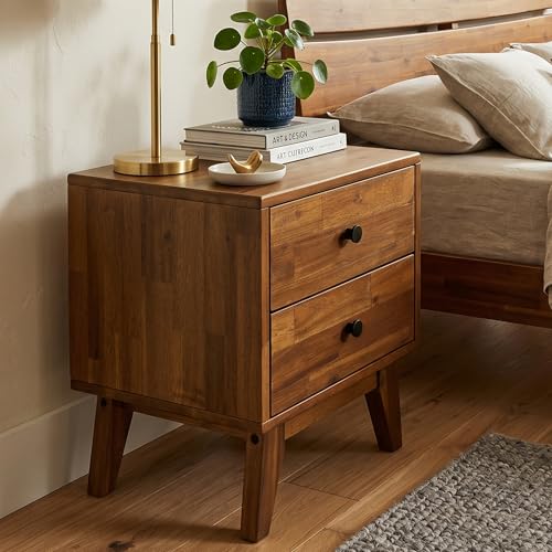 Image of Acacia Silvia Nightstand with 2 Drawers, Solid Wood Bedside Table, Table with Storage Drawers for Bedroom, Bedside End Table with Drawer and Storage Space, Chocolate