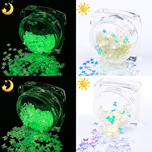 4 Boxes Luminous Nail Art Glitters Glow In The Dark Holographic Nail Sequins Butterfly Star Heart Shape Nail Glitter Nail Sparkle Sequins For Body Face Glitters Acrylic Nail Halloween Nail Decorations #TOP4