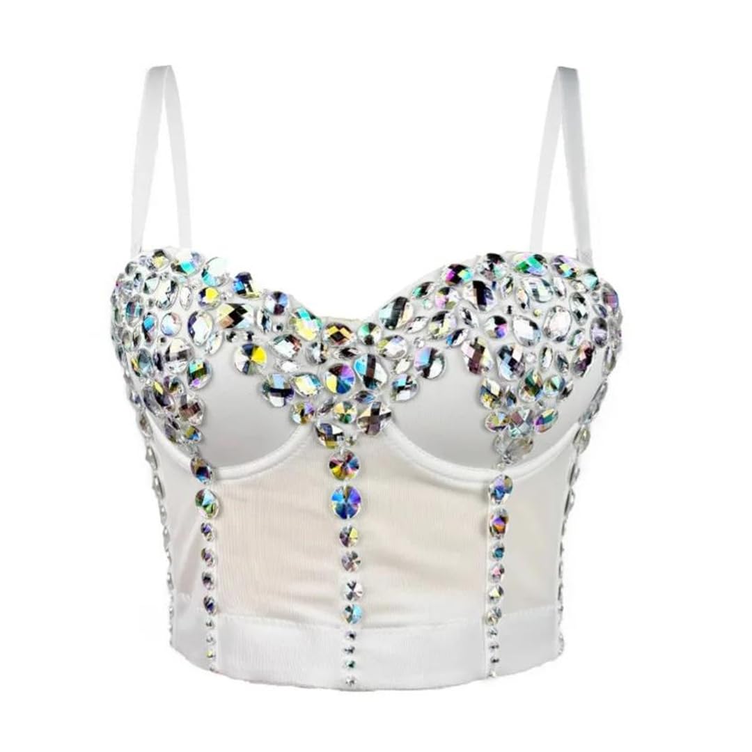 Yeuyyben Corsetto da donna con strass crop top senza maniche fatto a mano perline slim fit performance costume canotta