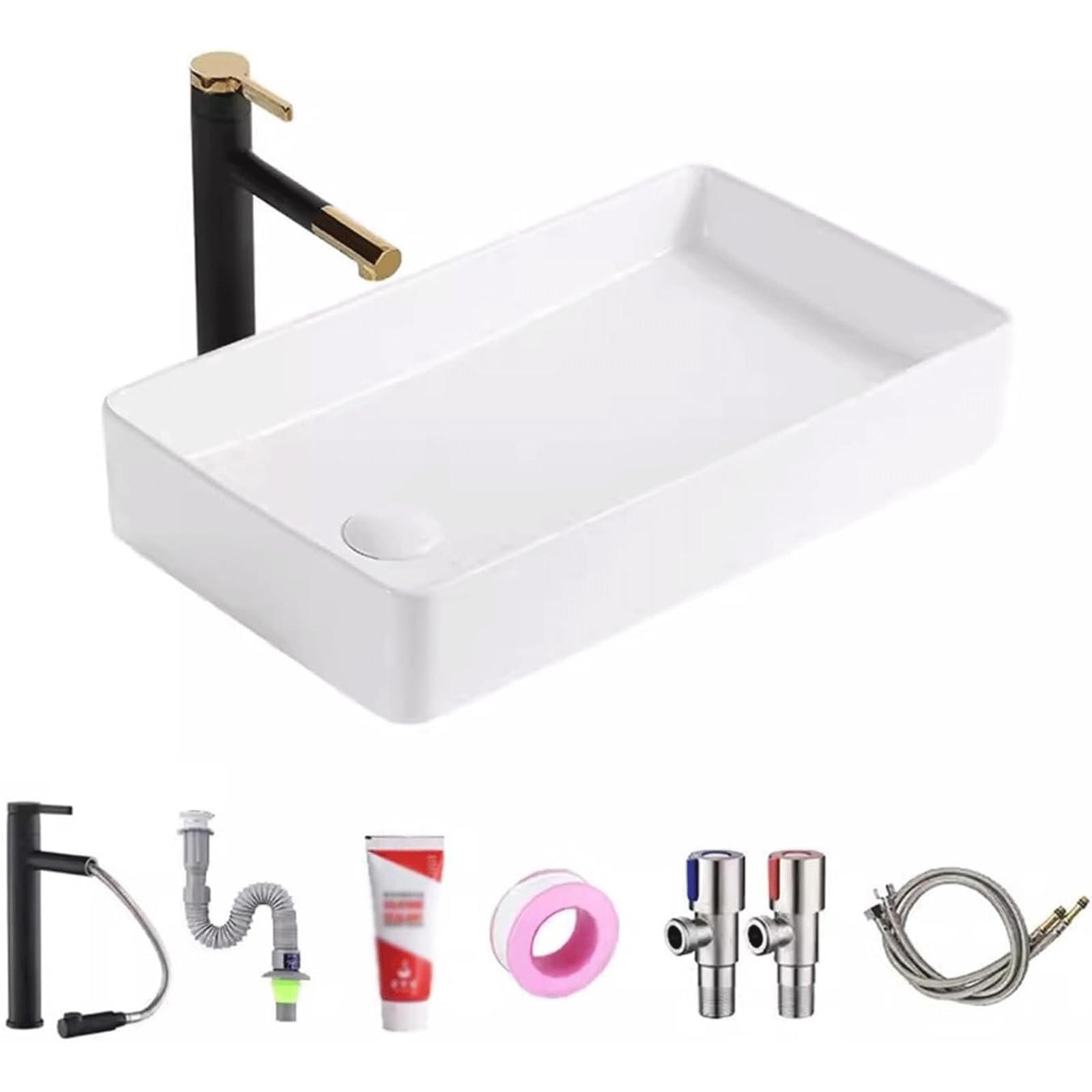 TTCHDPBX Rectangular Above Counter Vessel Sink White Ceramic Bathroom Sink Wash Basin Countertop Sink with Faucet and Drain Combo