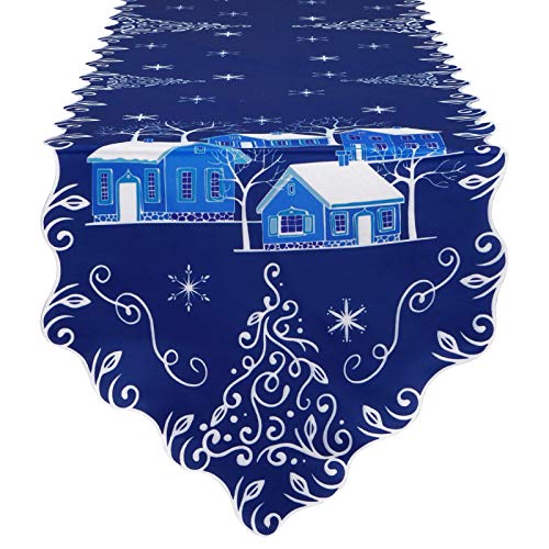 Black Friday - 80% OFF Alishomtll Merry Christmas Table Runner, Xmas Navy Blue Table Runner with Floral Border, A Silent Village in Snow Winter Table Runner for Xmas Decoration, Dinner Parties, Gift, 14 x 70 inches
