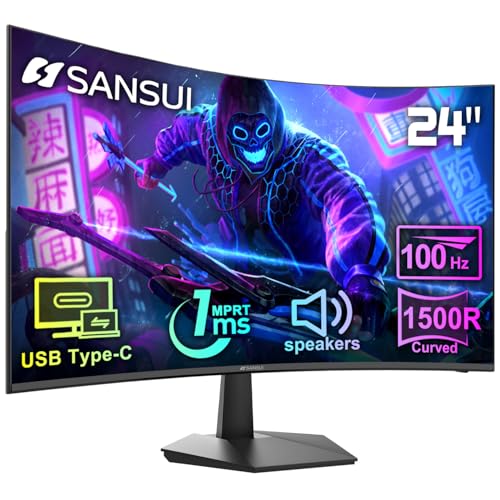 SANSUI Curved Monitor 24 inch 100Hz USB Type-C Computer Monitor with Built-in Speakers- MPRT 1ms,Adaptive Sync,HDR,1500R,VESA 75x75mm Compatible, for Home and Office(HDMI Cable Include ES-24C1)
