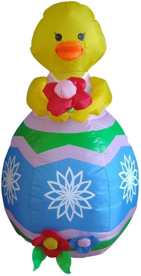 Two Easter Party Decorations Bundle, Includes 8 Foot Long Inflatable Cute Colorful Seven Easter Eggs Hunt Fun Patch, and 4 Foot Tall Inflatable Chick with Flower on Easter Egg