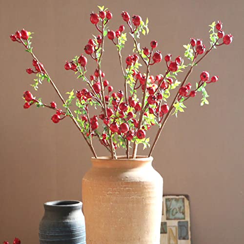 Firlar 6 Pcs Artificial Pomegranate Branch, 25 Inch Fake Pomegranate Branches with 15 Small Fruits, Simulation Greenery Plants Picks DIY Table Vase Flower Arrangement, Red