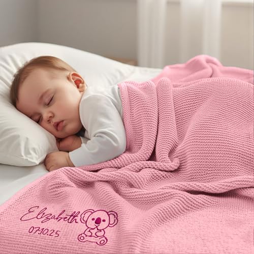Stepdiy Coperta personalizzata con nome ricamato per neonato, 100% cotone, 80x100 cm, baby shower e primo Natale (Rosa)
