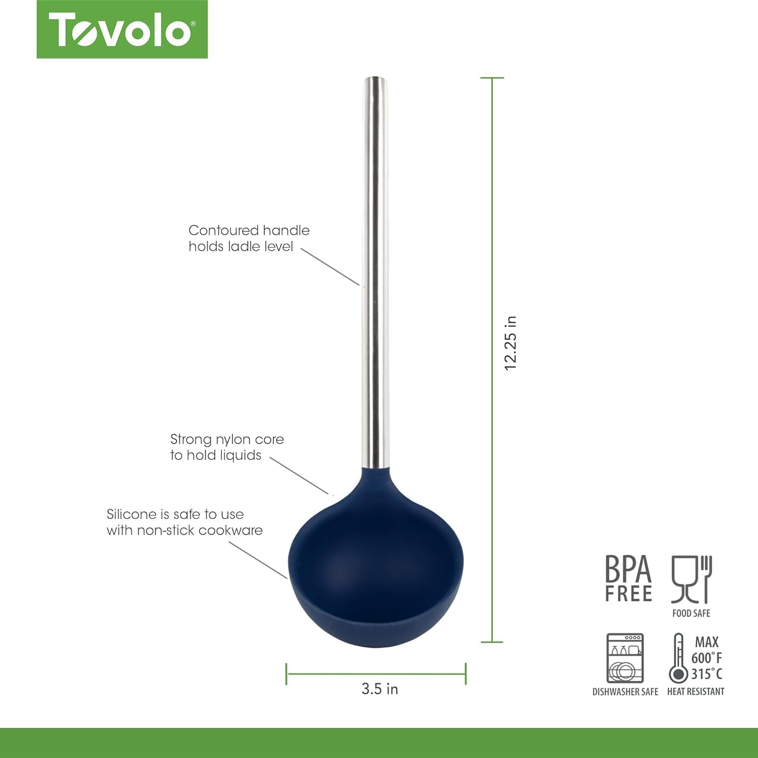 Tovolo Cucharón de silicona con mango de acero inoxidable, cucharón profundo para cocinar enlatado, servir sopa, ponche, salsa de estofado, cuchara grande para utensilios de cocina, apto para