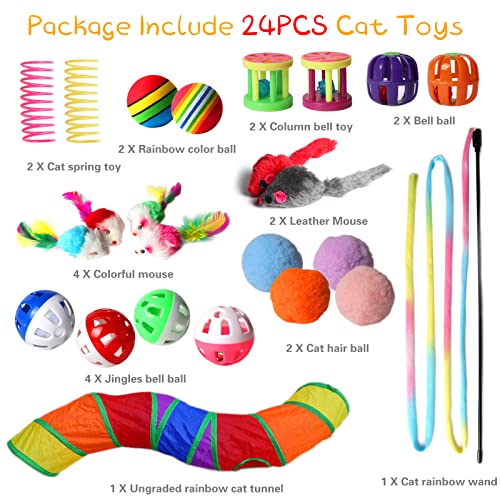 M Jjypet Cat Toys Kitten Toys Assortments(24Packs),Collapsible Rainbow Cat Tunnels For Indoor Cats, Cat Toys Ball, Bells, Interactive Cat Feather Teaser Toy,Fluffy Mouse, Spring Toy Set #TOP6