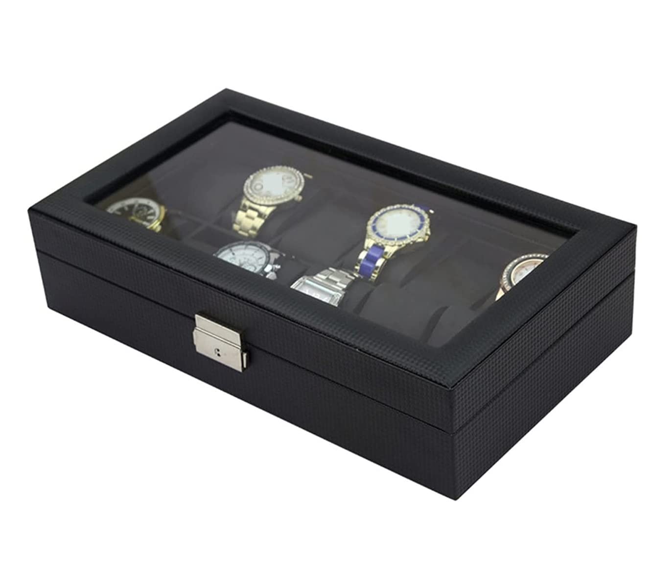 Caja De Reloj Caja De Almacenamiento Para Exhibición De Relojes, Colección De Joyas, 12 Ranuras, Fibra De Carbono, Hebilla De Metal, Caja Organizadora Para Relojes Estuche Para Relojes