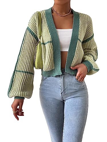 COZYEASE Women's Color Block Crop Cardigan Top Bishop Long Sleeve Open Front Sweater Green M