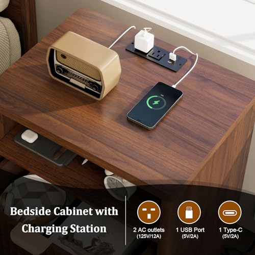 LYNCOHOME Fluted Nightstand with Charging Station, 19.7 inch Wide End Table with 2 Drawers, Modern Wood Bedside Table for Bedroom,Brown,1 Pcs - Image 5