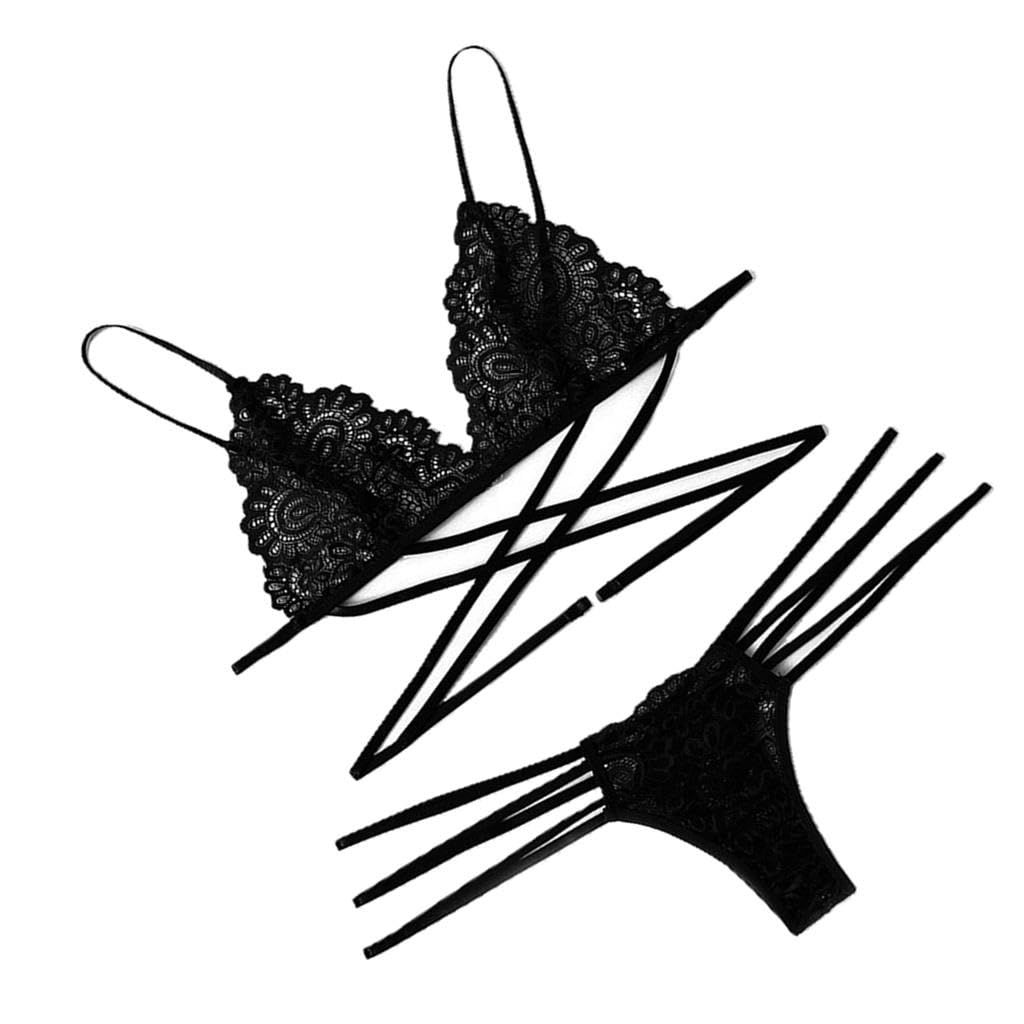 Womens 2 Piece Lace Hollow Perspective Bikini Swimsuit Beach Swimwear Set Black XL-image-27
