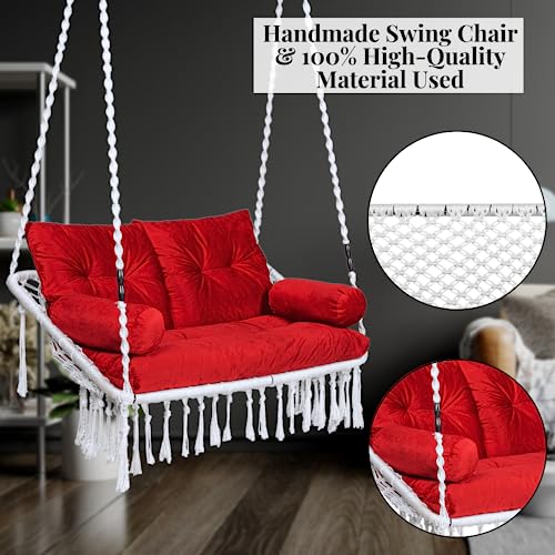 Image of Patiofy Premium White Double Seater Hanging Swing / 2 Seater Swing for Balcony /Double Seater Swing Chair /Swing for Adults for Home for 2 People /Jhula with Red Full Body Sitting Cushion & Hanging Kit
