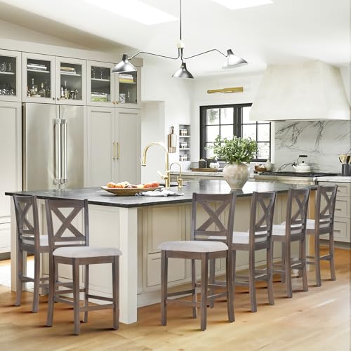 Image of COLAMY Bar Stools Set of 6, Counter Height Bar Stools, Mid Century Modern Barstools, Wood Barstools for Kitchen Dining Room Bar, Light Brown Wash
