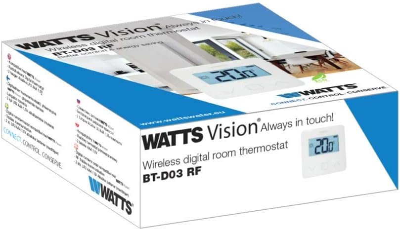 Packaging box for Watts Vision Wireless Digital Room Thermostat BT-D03 RF, showing product image and 'Always in touch!' slogan.