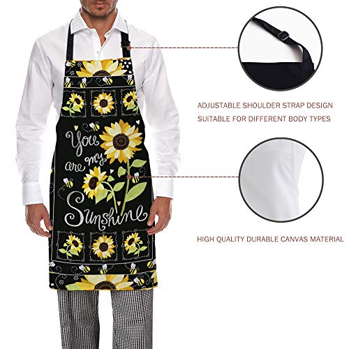 Kitchen Apron 19X23 In, Sunflowers Bees Bib Baking Aprons For Women Men Chef Black With Adjustable Neck Machine Washable Home Cooking Bbq Indoors Outdoors, You Are My Sunshine Vintage #TOP1