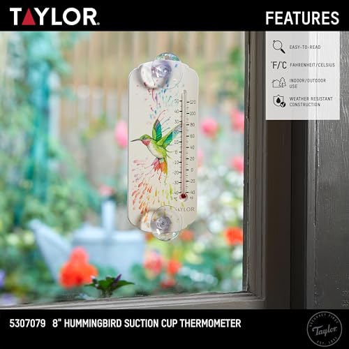 Image of Taylor Rainbow Hummingbird Indoor Outdoor Suction Cup Thermometer, Decor for Patio, Pool, or Garage, Window Thermometer, 8-inch, Multi