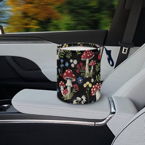 Image of Floral Mushroom Car Trash Bag Waste Basket with Adjustable Buttons Collapsible Car Storage Bag Multipurpose Road Trip Essentials for Outdoor Activities