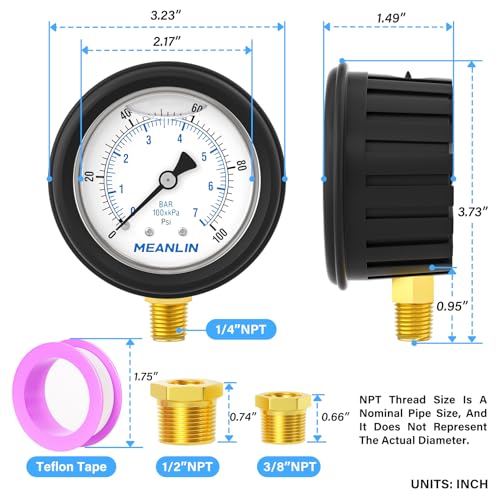 Image of MEANLIN MEASURE 0~100Psi Stainless Steel 1 /4 inch NPT 2.5 inch FACE DIAL Liquid Filled Pressure Gauge, Lower Mount (with Rubber Protective Sleeve), with 1 /2 inch NPT and 3 /8 inch NPT Hex Bushing