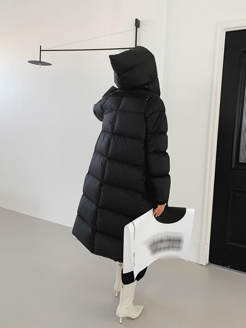 Women's Down Jacket Long Knee Length Hood Loose Warm and Thick Autumn/Winter Black Coat with Belt