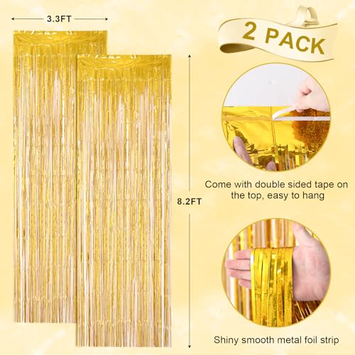 Image of Voircoloria 2 Pack Laser Gold Foil Fringe Backdrop Curtains, Tinsel Streamers Birthday Party Decorations, Fringe Backdrop for Graduation, Baby Shower, Gender Reveal, Disco Party