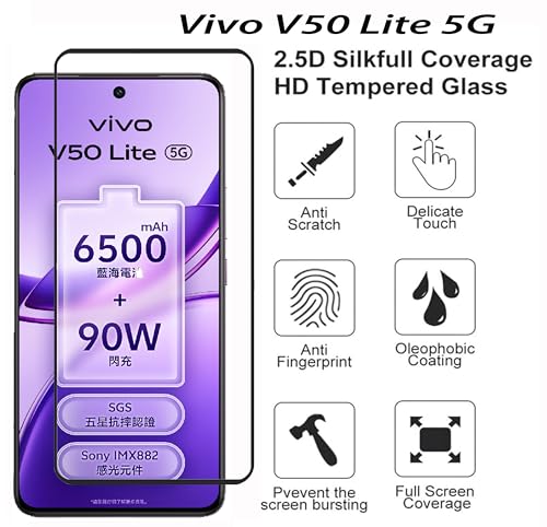 Image of Tempered Glass Screen Protector Compatible with vivo V50 Lite 5G Black Cellphone With Edge To Edge Coverage And Easy Installation Kit