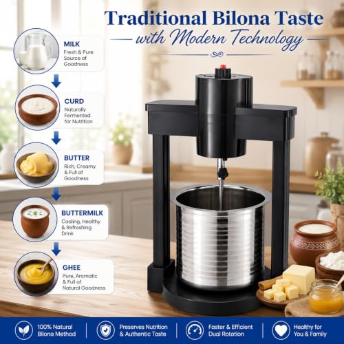Image of AURHA Electric Butter Churner Machine | Bilona Madhani for Home Use | 5 Ltr Capacity, 24V Adapter, 950 RPM Dual Rotating Motor | Traditional Method Butter Making Machine | Heavy Duty Plastic Body