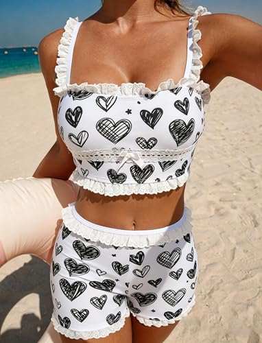 Image of ZAFUL Womens High Waisted Bikini Sets 2 Piece Plaid Ruffle Swimsuits Back Strap Top with High Waisted Shorts Bathing Suit