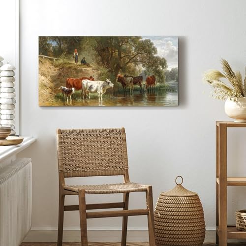 SERIMINO Large Wall Art for Living Room, Riverside Animal Landscape Vintage Wall Decor, Herding Cattle Pastoral Canvas Painting, Retro Cow Pictures Home Decor for Bedroom Kitchen, 24x48 Inch