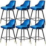 Taburetes de Bar Giratorios - Juego de 6 Taburetes Altos con Respaldo Regulables de 360° - Silla de Cocina con Asiento Acolchado Terciopelo Giratorias Reposapiés, Altura del Asiento 65cm, Azul