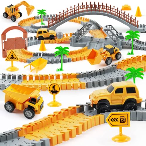 TGJH Construction Race Car Track Set for Kids - Flexible Engineering Toys with 2 Electric Cars, Birthday Gift for 3 4 5 6 7 Year Old Boys, DIY Road Games Playset with 220+ PCS