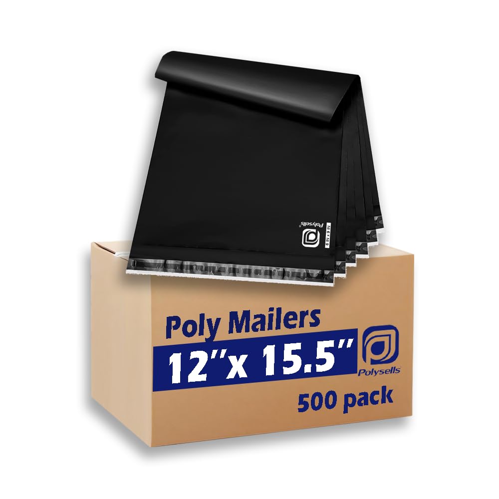POLYSELLS Koperty wysyłkowe Poly Mailers, mocne uszczelnienie, wodoodporne i odporne na rozdarcie torby pocztowe. Torby pocztowe na odzież, książki i akcesoria (czarne, 30 x 30 cm, 500 szt.)