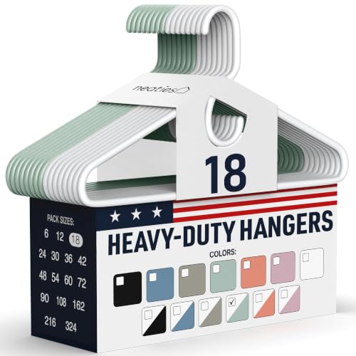 Neaties Heavy Duty Clothes Hangers 18 Pack – Made in the USA – 8lb Capacity Plastic Hangers for Adult Clothing – Durable for Pants, Coats, Jackets, or Jeans – White & Mint