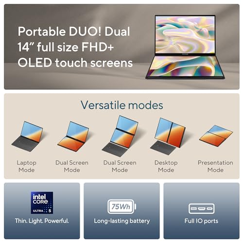 Image of ASUS Zenbook Duo OLED (2024), 14 inch (35.56cm) FHD OLED Touch Display, Intel Core Ultra 5 125H, Built-in AI, Dual Screen Laptop (16GB /1TB SSD /Intel Arc Graphics /Win11 /Gray /1.65 Kg), UX8406MA-QL551WS
