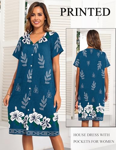 Image of Ekouaer House Dresses for Women with Pockets Button Down Nightgowns Plus Size Moo Moos Mumu Dresses Floral Print S-3XL