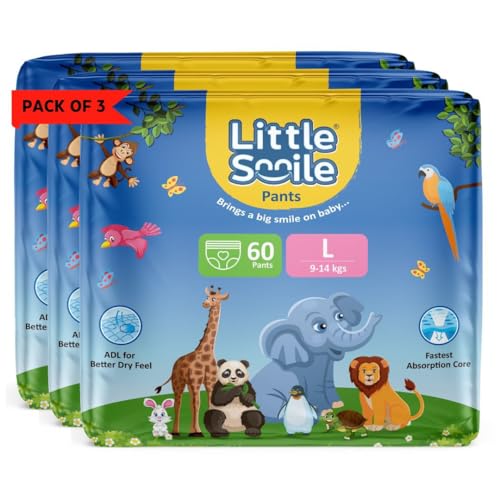Image of Baby Diapers Pant Style | Size - L - 60 (Pack of 3) | Odorless and Antibacterial Layer with Urine Indicator (180 Pieces)